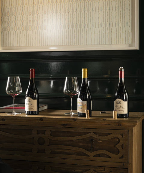 Botellas de Galia Clos Santuy y Las Aldeas de Galia abiertas sobre una cómoda de madera, con dos copas de vino tinto y los corchos al lado